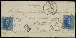 1864 Brief Gefrankeerd Met OBP N° 15A (2x) 20c. Blauw, Tanding 12 1/2 X 13 1/2 Verstuurd Uit Namur 28/7/1864 Naar Cette  - 1863-1864 Medallones (13/16)