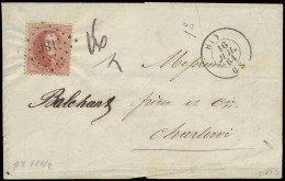 1864 N° 16 40c. Karmijnroze Op Brief, Puntafstempeling 186, Huy, Dd. 16/7/1864 Met Dubbele Port Binnenland, 16gr., Naar  - 1863-1864 Medallones (13/16)