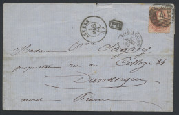 1864 N° 16 40c. Karmijnroze, Op Brief, P.4-Anvers, Dd. 1 Mars 64, Naar Duinkerke (Frankrijk), Twee Grensstempels Ambt Pa - 1863-1864 Medallones (13/16)