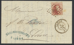 1865 N° 16 40c. Karmijnroze Op Brief, Puntstempel 217 Liège, Dd. 3 Juli 65, Naar Lierre, Dubbele Port Binnenland (geen G - 1863-1864 Medallones (13/16)