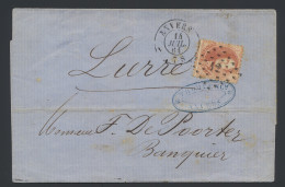1865 N° 16 40c. Karmijnroze, Op Brief, Puntstempel 12 Anvers, Dd. 14 Juli 65, Naar Lierre, Dubbele Port Binnenland (geen - 1863-1864 Médaillons (13/16)