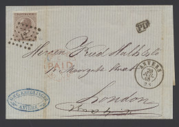 1868 N° 19 30c. Donkerbruin, Puntstempel 12 Anvers, Dd. 29 Juli 68, Naar London, Angleterre Par Ouest I, Zm - 1865-1866 Perfil Izquierdo