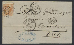 1870 N° 33, 30c. Okerrood, Brief Met Inhoud Vanuit Oostende Puntstempel 283, Dd. 5 Sept 70, Naar Toulon (Frankrijk), Ach - 1869-1883 Leopold II