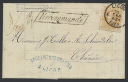 1873 N° 33 30c. Okerrood Op Brief Vanuit Liège Naar Chêneé, Dd. 23/12/1873 Met Vermelding Recommandé In Kastje, Zm - 1869-1883 Leopold II