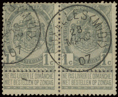 N° 53 In Paar, 1c. Grijs Met Afstempeling BRUXELLES MIDI, Midi Heeft Rechte Haken I.p.v. Ronde, Niet Beschreven In COBA, - 1893-1900 Fijne Baard