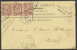 N° 57 In Strip Van 2 Met Spoorweg Afstempeling (6 Hoeken) BRUGELETTE Op Briefkaart, Aankomststempel MONS (achthoekig), Z - 1893-1900 Thin Beard
