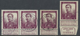 N° 122 5fr. Wijnrood (4x), Waarbij 1 Paar Met Stempel Antwerpen 9, 1x Met Telegraafstempel Watermael En 1x Met Atelier D - 1912 Pellens