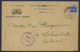 1917 Brief Uit Stad Oostende Naar Schaarbeek, Met 20c. Germania (zonder Opdruk) Met 2 Lijnenstempel ORTSKOM/D..., Zm - Army: German