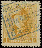 N° 175 1fr. Oranje, Met Spoorwegafstempeling Nord Belge - Bas-Oha, In Blauw, Zeldzaam, Zm (OBP €55) - 1919-1920 Behelmter König