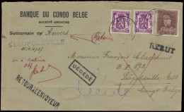 Nr. 321 En 422 (2x) Op Brief Van (Banque Du Congo Belge), Verstuurd Vanuit Antwerpen, Afstempeling Anvers 10B, Naar Leop - 1931-1934 Mütze (Képi)