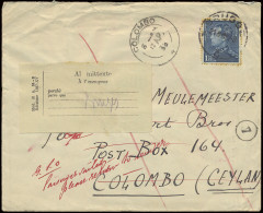 1938 N° 430 1fr. Blauw Op Brief Vanuit Brugge 21/5/1938 Naar Colombo/Ceylan Met Op Voorkant Manuscript Passenger Jailed, - 1936-1951 Poortman