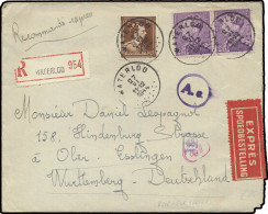 1944 N° 431 (2x) En N° 645 Op Aangetekende Brief Dd. 27/VI/1944 Vanuit WATERLOO Naar Wurttemberg/Duitsland, Voorkeurtari - 1936-51 Poortman