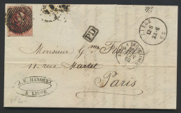 1862 N° 12 Volrandig Op Brief P.73-Liège Naar Parijs, Centrale Afstempeling PD, BELG A BROUELINES, 25 JUIN 62, Zm (OBP € - Autres & Non Classés