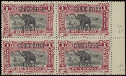 ** N° 91B 1Fr. Carmine - Prince Issue With Typo Overprint CONGO BELGE And 1921, In Block Of 4 (plate I2+A2 Position 24/2 - Other & Unclassified