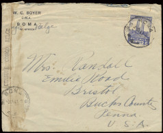 1941, Belgian Congo Censor Tape Type AI (Virgin White Paper Tape + Straight-line Baa) Applied At Boma On Cover Sent From - Lettres & Documents