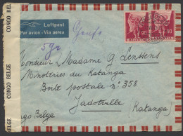 1942, Belgian Congo Censor Tape Type Aa Applied At Leopoldville-1 By Censor Man Number 10 (in Black) On Airmail Cover Se - Covers & Documents