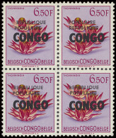 ** N° 6-Cu 6,50Fr. Flowers With Overprint CONGO Of 1960 In Block Of 4 With Small Overprints République Populaire Type II - Sonstige & Ohne Zuordnung