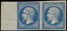 ** N° 14B Napoléon III 20c. Bleu, Type In Horizontaal Paar Met Bladboord, Volle Originele Gom, Maar Met Gomplooi (pli De - 1863-1870 Napoleon III With Laurels