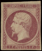 (*) N° 18d Napoleon III Ongetand - 1Fr. Carmin Herdruk Van 1862, Zonder Gom, M (Yv. €2.500 Voor *) - 1863-1870 Napoleon III With Laurels