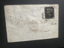 1840 GB 1d Black On Cover Penny Black Post Mark Cover To Norwich With Corner Fault Used See Photos - Briefe U. Dokumente