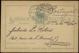 1894, Postal Stationery Macau E Timor At 30 Reis, Sent From Macau January 22, 1894 To Lisboa / Portugal Where It Arrived - Otros & Sin Clasificación