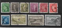 CANADA 1950 - 1952 'G' OFFICIALS SET TO 20c SG O178/O187 FINE USED Cat £33+ - Surchargés