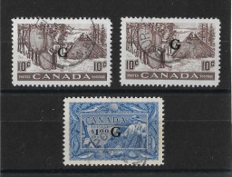 CANADA 1950 - 1951 OFFICIALS 'G' OVERPRINT SET + AN EXTRA 10c COLOUR SHADE SG O191 X 2, O192 FINE USED Cat £92 - Overprinted