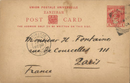 ZANZIBAR - POSTAL STATIONARY POST CARD 1 ANNA SENT FROM ZANZIBAR TO FRANCE - 1901  - Zanzibar (...-1963)