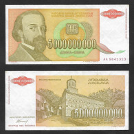 SE)1993 YUGOSLAVIA, BANKNOTE OF 5,00,000,000 DINARS OF THE CENTRAL BANK OF YUGOSLAVIA, WITH REVERSE, VF - Usados