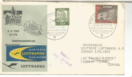 ALEMANIA PRIMER VUELO FRANKFURT LAS PALMAS 1963 LUFTHANSA - Erst- U. Sonderflugbriefe