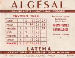 BUVARD  - Pharmacie - Algésal Baume Antirhumatismal - Calendrier Février 1956 - Drogisterij En Apotheek