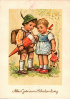 G9835 - Glückwunschkarte Schulanfang - Kinder Mädchen Junge Zuckertüte Puppe - Verlag Erhard Neubert DDR Grafik - Eerste Schooldag