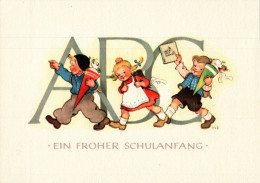 G9850 - Marianne Drechsel Glückwunschkarte Schulanfang - Junge Mädchen - Verlag Reichenbach DDR Grafik - Premier Jour D'école