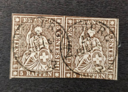 1857 Switzerland 5r Seated Helvetia Pair Augsburg CDS Cancellation SC#32 - Used Stamps