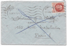 WW2 19-X- 1944 1,50F S Lettre NEUILLY Seine > PARIS Retour Envoyeur INCONNU Cachet X Distribuée Après PETAIN DEMONETISE - WW2