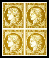 ** N°1, 10c Bistre-jaune, Bloc De Quatre Pleine Gomme (2ex*), Fraîcheur Postale, R.R.R. SUPERBE (signé Brun/certificat)  - 1849-1850 Ceres