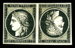 * N°3d, 20c Noir Sur Jaune En Paire Tête-bêche, Quatre Très Belles Marges équilibrées, Fraîcheur Postale. SUPERBE. R.R.  - 1849-1850 Ceres