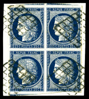 O N°4a, 25c Bleu Foncé En Bloc De Quatre Oblitéré Grille Sur Son Support. TTB. R. (signé Calves/certificats)  Qualité: O - 1849-1850 Cérès