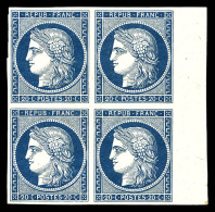 ** N°8a, Non émis, 20c Bleu Foncé En Bloc De Quatre (1ex*), Bord De Feuille Latéral Droit, Fraîcheur Postale. PIECE RARE - 1849-1850 Ceres