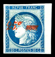 * N°8A, Non émis, 25c Sur 20c Bleu, Bord De Feuille Latéral Droit, Fraîcheur Postale. SUPERBE. R.R.R. (certificats)  Qua - 1849-1850 Ceres