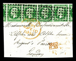 O N°12c, 5c Vert Très Foncé Sur Vert, Bande De 4 Obl Gros Points Avec Voisins, Sur Son Support. SUP (certificat)  Qualit - 1853-1860 Napoleon III