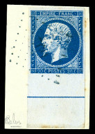 O N°14Ai, 20c Bleu Type I Bord De Feuille Avec Filet D'encadrement Sur Son Support. TTB  Qualité: Oblitéré  Cote: 400 Eu - 1853-1860 Napoleon III