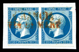 O N°14B, 20c. Bleu, T II, PAIRE, Un Ex. VARIETE D'impression, Obl. FRANCIA/VIA DI MARE En Rouge Sur Son Support. TTB (ce - 1853-1860 Napoleon III