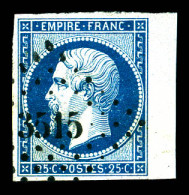 O N°15, 25c Bleu Petit Bord De Feuille Latéral Obl Pc 3515. TTB  Qualité: Oblitéré - 1853-1860 Napoléon III