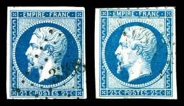 O N°15/15a, 25c Bleu Et Bleu Laiteux, Les 2 Exemplaires TB  Qualité: Oblitéré  Cote: 600 Euros - 1853-1860 Napoléon III.