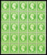 ** N°20g, 5c Vert Jaune Sur Verdâtre En Bloc De 25 Exemplaires (8 Ex*), Fraîcheur Postale. SUPERBE. R.R. (signé Calves/c - 1862 Napoléon III