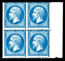 ** N°22, 20c Bleu En Bloc De Quatre Bord De Feuille, Fraîcheur Postale. SUP (certificat)  Qualité: ** - 1862 Napoleon III