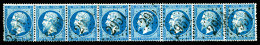 O N°22, 20c Bleu, Exceptionnelle Bande De 8 Exemplaires Obl GC 2951. SUP (certificat)  Qualité: Oblitéré - 1862 Napoléon III