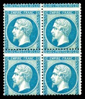 ** N°22, 20c Bleu, Superbe Piquage à Cheval En Bloc De Quatre, Fraîcheur Postale. TTB. R.R. (signé Calves/certificat)  Q - 1862 Napoleon III