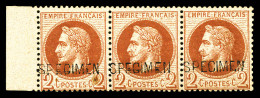 ** N°26Bc, Bande De 3 Du 2c Lauré Surchargé SPECIMEN. Trés Rare Avec Les 3 Types Différents De La SURCHARGE SPECIMEN, 1e - 1863-1870 Napoléon III Con Laureles